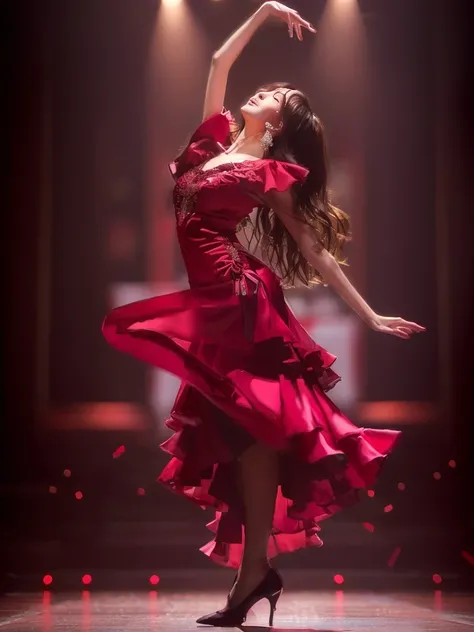 Photo-realistic quality、Dancing flamenco with passion, Beautiful and elegant, Red dress, Japan idols at 20 years old、Beautiful Japanese Model、Detailed and beautiful eyes、Cute smile、A soft and gentle look