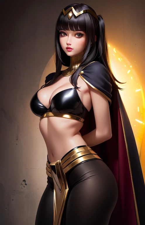 (ultra realistic,32k,RAW photo:1.1),(high detailed skin:1.1), 8k uhd, high quality, (makeup, mascara:1.1), thick lips, (shiny glossy translucent clothing:1.1), tharja, tiara, bodysuit, cape, loincloth, black leggings, long black hair, massive ass, tiny wai...