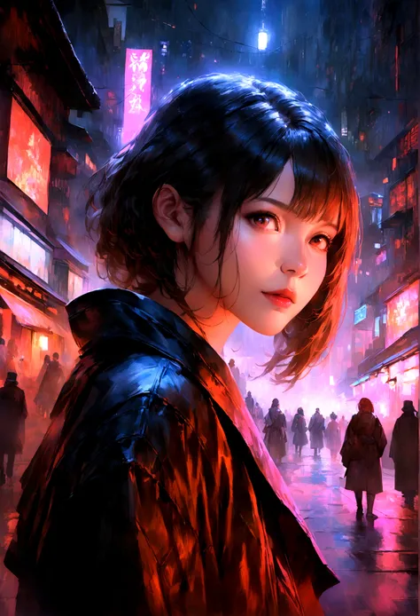 Traditional Cyberpunk Girl、Looking excitedly out over the busy streets of a traditional Japanese city shrouded in darkness, Show a wonderful view (Highest quality, High resolution, Realistic), Vivid colors, Sharp focus, Professional Lighting.