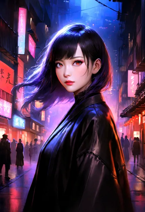 Traditional Cyberpunk Girl、Looking excitedly out over the busy streets of a traditional Japanese city shrouded in darkness, Show a wonderful view (Highest quality, High resolution, Realistic), Vivid colors, Sharp focus, Professional Lighting.