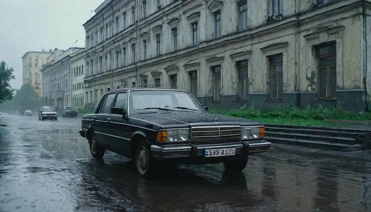 Black car from the 90s, driving against the background of old Soviet buildings, rain, rainy weather, rain, cinematic scene, cloudy weather