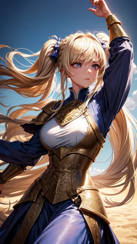 “Create a high-resolution, dynamic scene set in medieval Europe. The central figure is a glamorous woman with long blonde hair styled in twin tails, each adorned with braids. She has striking gray eyes and wears a suit of armor. In one hand, she wields a s...