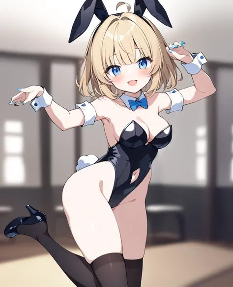 1girl, solo, breasts, looking at viewer, blush, smile, short hair, open mouth, bangs, blue eyes, blonde hair, thighhighs, bow, navel, animal ears, cleavage, bare shoulders, tail, ahoge, thighs, detached sleeves, black thighhighs, bowtie, armpits, nail poli...