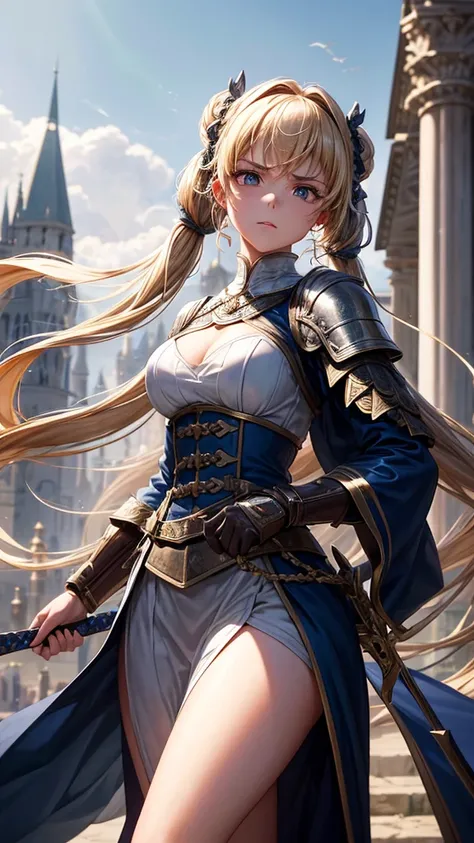 “Create a high-resolution, dynamic scene set in medieval Europe. The central figure is a glamorous woman with long blonde hair styled in twin tails, each adorned with braids. She has striking gray eyes and wears a suit of armor. In one hand, she wields a s...