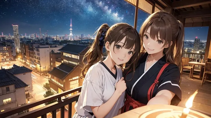 (Very detailed,High resolution,masterpiece:1.2）Japanese、Balcony of a high rise apartment･Balcony、Night view, Starry Sky、milky way、Light brown hair. Big fireworks、No sleeve、Short sleeve tops、(Highest quality:1.2), 20～40-year-old woman、Small breasts、Very det...