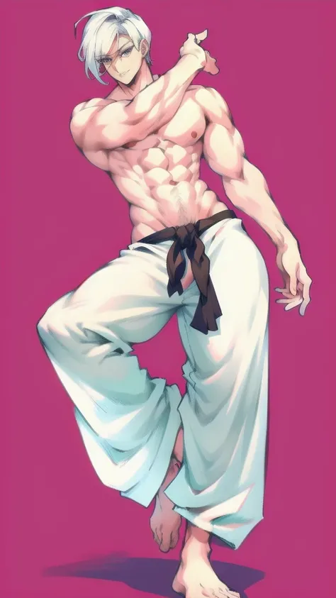 full body in image, masculine pose, unique hair, full man, white harem pants, male body, slender body, short hair, full body, hot body, sexy male body, dinamic pose, six patch. detalied pose, body, simple background, expressive face, focus on face, line ar...