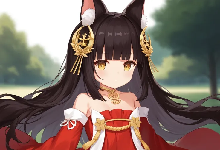 score_9,score_8_up,score_7_up,source_anime,cowboy shot,Idealized Forms,Natural Light,details background,blurry background,extremely detailed,1girl,nagato(azurlane),animal ears,fox ears,black_hair,long_hair,bangs,animal_ear_fluff,yellow_eyes,blunt_bangs,hai...