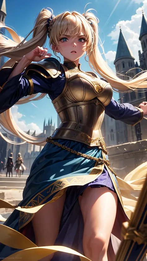 “Create a high-resolution, dynamic scene set in medieval Europe. The central figure is a glamorous woman with long blonde hair styled in twin tails, each adorned with braids. She has striking gray eyes and wears a suit of armor. In one hand, she wields a s...