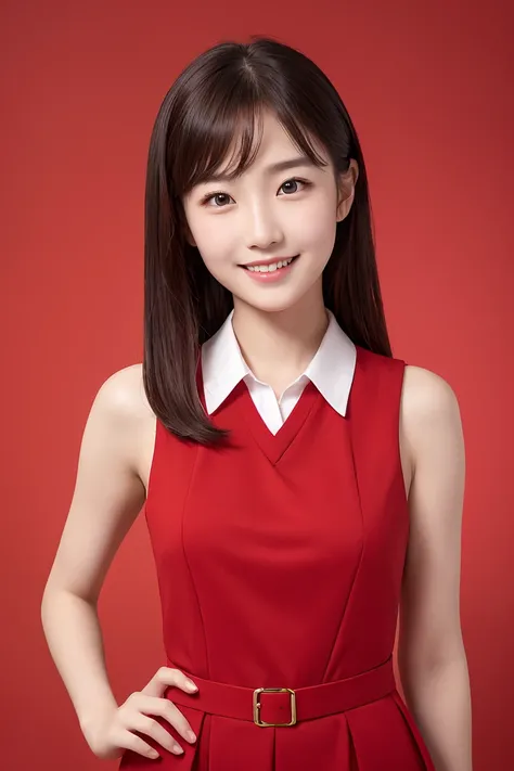 (Highest quality、Tabletop、8K、Best image quality、Award-winning works)、One Girl、(24-years-old:1.1)、(High School Uniform:1.1)、A smile staring at me、(Closed lips:1.1)、Accurate anatomy、(Red background:1.2)、Face close-up、Portrait Photography、Standing Elegantly、U...