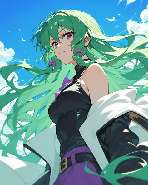 masterpiece, Highest quality,Kusanagi Nin々,project sekai,One girl,Green Hair,Purple Eyes,long hair,