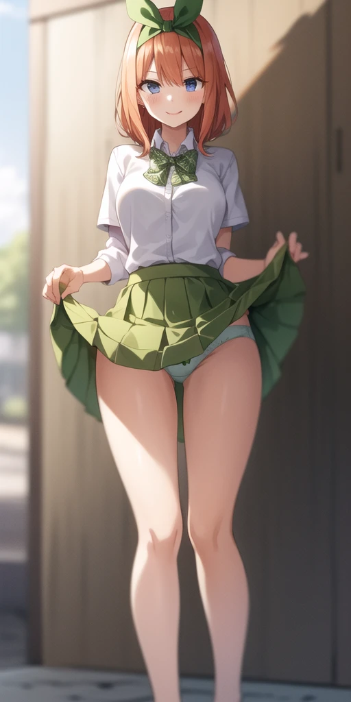 2D, masterpiece, Highest quality, anime, Very detailed, One girl, alone, Cowboy Shot, nakano yotsuba, Orange Hair, Hair Ribbon, Green bow tie, Yellow Sweater, Collared shirt, Green Skirt, mini skirt, Medium chest, Are standing,Panties in full view,(Skirt L...