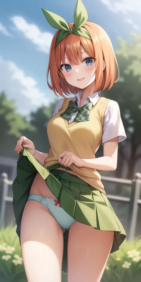 2D, masterpiece, Highest quality, anime, Very detailed, One girl, alone, Cowboy Shot, nakano yotsuba, Orange Hair, Hair Ribbon, Green bow tie, Yellow Sweater, Collared shirt, Green Skirt, mini skirt, Medium chest, Are standing,Panties in full view,(Skirt L...