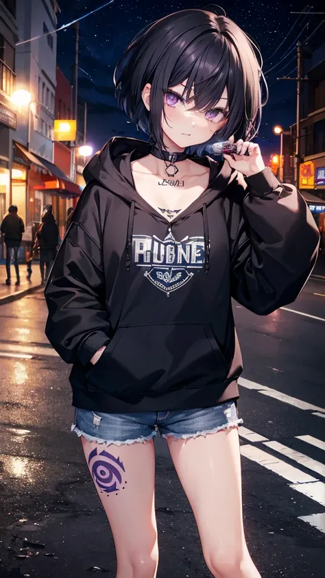 High resolution,high resolution,Girl,Black Hair,Short Hair,Purple Eyes,Slanted Eyes,Bad mood,boyish,slender,Toned body,Street,hoodie,Tattoo,Food,Shorts,knife,Starry Sky,Licking your lips