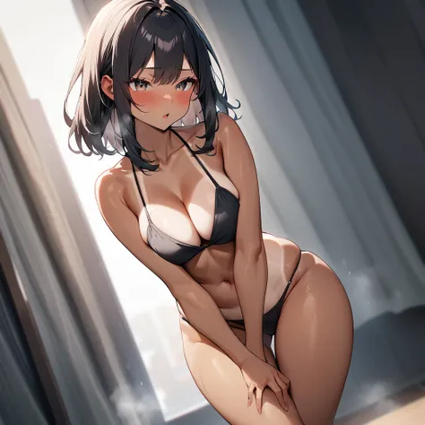 (nsfw:1),1 girl,Solo,medium hair,(face),v_arms,breasts,hand_between_legs,Bikini,Cleavage,medium hair,skin,tanlines,tight skin,Thighs,light breasts,tan,masterpiece, best quality, very aesthetic, absurdres,standing one leg,(steam:1.1),sidelocks,slip Bikini