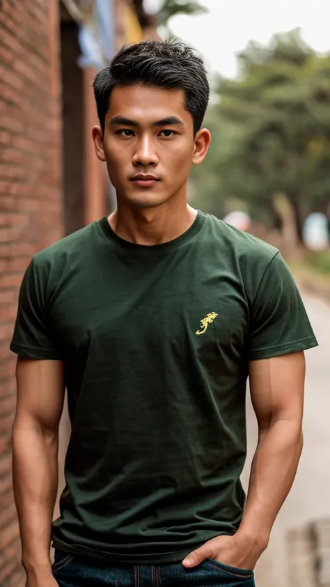 Thai man ,man，He is about 30 years old..，Rough and handsome appearance，large breastsj，Big waistline，buzz cut, angry, sullen, best quality, Masterpiece，（Have muscles：4.5），(best quality,high resolution,Masterpiece:1.2),The eyes are natural and delicate..,1 p...