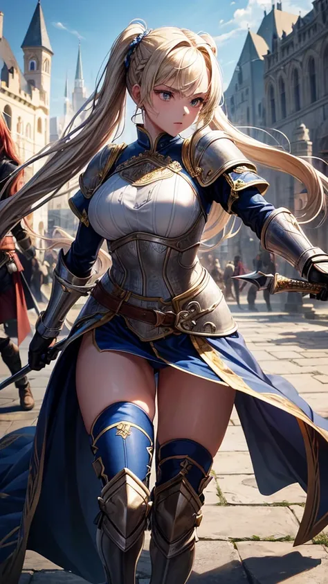 “Create a high-resolution, dynamic scene set in medieval Europe. The central figure is a glamorous woman with long blonde hair styled in twin tails, each adorned with braids. She has striking gray eyes and wears a suit of armor. In one hand, she wields a s...