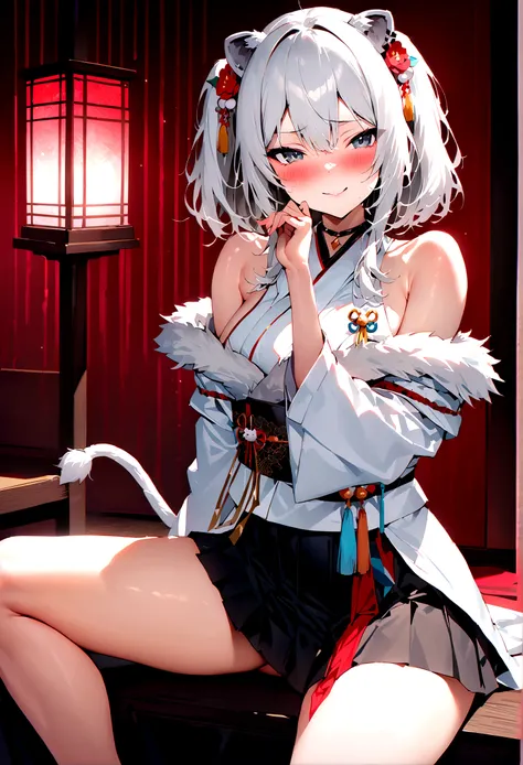 NSFW,masterpiece,Highest quality,High resolution,Super detailed,Shishirabotan(Hololive),Double Odango、flower、Side Lock、Lions tail、White kimono、Off the shoulder、fur ornament、Black Hakama、Short skirt,Bad smile,blush,(Red light district),Japanese-style room,S...