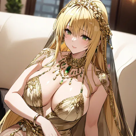 ((Highest quality)), ((masterpiece)), (detailed), （Perfect Face）、The woman was a tiare with green eyes and medium-long blonde hair, and was wearing a luxurious, shiny, gold-colored, long-slit see-through dress with gorgeous embroidery and trim, which allow...