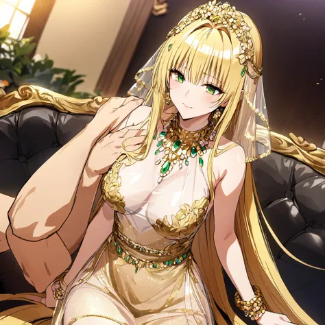 ((Highest quality)), ((masterpiece)), (detailed), （Perfect Face）、The woman was a tiare with green eyes and medium-long blonde hair, and was wearing a luxurious, shiny, gold-colored, long-slit see-through dress with gorgeous embroidery and trim, which allow...