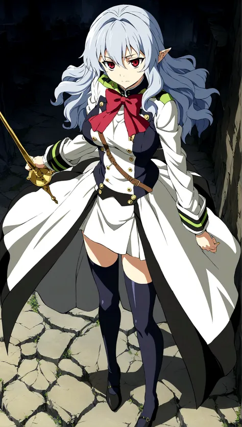 Anime. Owari no Seraph. 1 Girl. Dear . A vampire. Progenitor Clumsy. Silver hair. Wavy hair. Long hair. Red eyes. Beautiful eyes. Perfect eyes. Expressive eyes. Ideal face. Perfect body. Beautiful long ones. legs. Beautiful nose. 18 years. Big breasts. Sta...