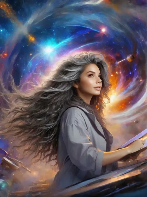 (masterpiece, best_quality, ultra-detailed, immaculate:1.3), epic, illustration, welcoming, 1girl, (Astrologer:1.5), dark silver hair, Micro Braids, casting spell, in a  nebula, in a messy nuclear fusion plant, bombshell hair, bright brown hair, medium hai...