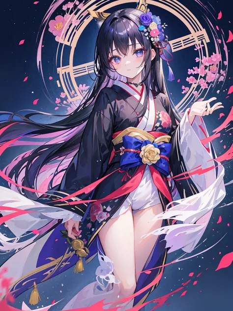 Anime illustration、masterpiece、Highest quality、One girl、Long straight black hair、Her hair is decorated with a ribbon and roses.、Wearing a kimono、The pattern is blue roses、Eyes are a violet gradation、The season is summer dusk、The background is the port、Nipp...