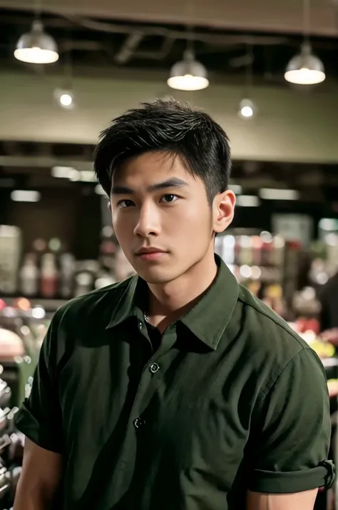 A young Asian man with large muscles looks at the camera. In a dark green button-up shirt. , Department store normal lighting