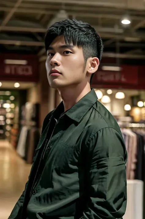 A young Asian man with large muscles looks at the camera. In a dark green button-up shirt. , Department store normal lighting