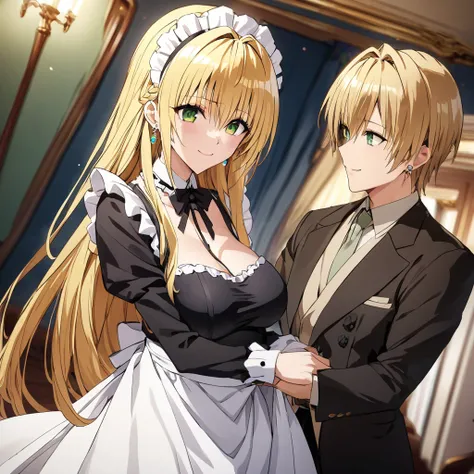 ((Highest quality)), ((masterpiece)), (detailed), （Perfect Face）、The woman is Tierre, with green eyes, medium-long blonde hair, a Victorian maid outfit and maid headband, jeweled earrings, and an engagement ring.、The woman is smiling fondly in a luxurious ...