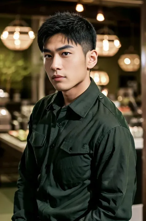 A young Asian man with large muscles looks at the camera. In a dark green button-up shirt. , Department store normal lighting