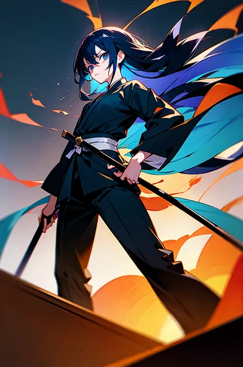 Shoko Toyokawa，Dead Boss Costume，Holding Zanpakutō，Anime style，Standing posture，Serious expression，Long flowing blue hairm eyes，Background Soul Society