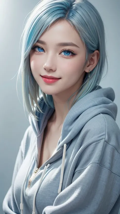 Highest quality、masterpiece、超High resolution、(Realistic:1.3)、RAW Photos、(One girl), Beautiful Face, (Realistic Face), (pale blue hair:1.4), (Light blue hair, Long eyelashes, short hair:1.3), Beautiful hairstyle, Realistic eyes, Beautiful attention to detai...