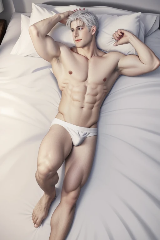 full body photorealistic handsome hunky shirtless adult white haired Jack Frost, lying on a bed of white winter roses