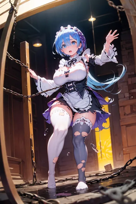 Castle terrace、Looking up from below、Plump、(Show your pants)、(((((Fighting Pose)))))、((((Rem with her hands and feet bound in chains)))),(((((Fisheye Lens)))))、((((((Super huge breasts)))))、(((((Plump thighs))))、(((Rem from Re:Zero)))、((looking at the came...