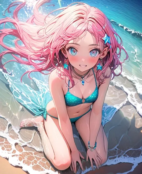 8K,gal，an extremely delicate and beautiful,Beautiful and realistic skin,Shiny jewel-like earrings,Long colorful hair,beautiful eyes,full body,head to toe,beautiful regs,bikini
,beautiful tinkle stars ,Star of the sky,summer beach
