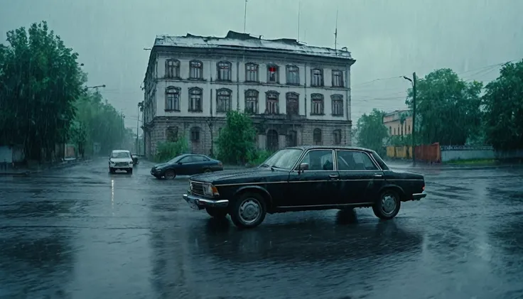 Black car from the 90s, driving against the background of old Soviet buildings, rain, rainy weather, rain, cinematic scene, cloudy weather