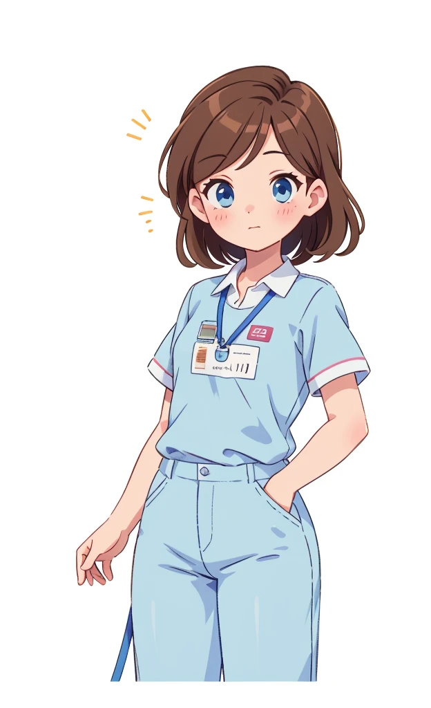 Visual novel, (character sprite), game sprite, blue eyes, brown hair, shy, adult, ditsy, nurse uniform, while uniform, name tag, ID lanyard, short sleeves, trousers, cute