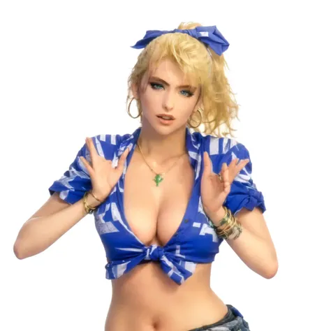 a close up of a blonde girl with a shirt, shes stretching her hands towards the camera as to take it and kiss it, shes American, green eyes, as a character in Out Run 2, of SEGA, 3D CG, Clarissa, 2k, 2 k, she has THREE GOLD simple round bracelets on her le...