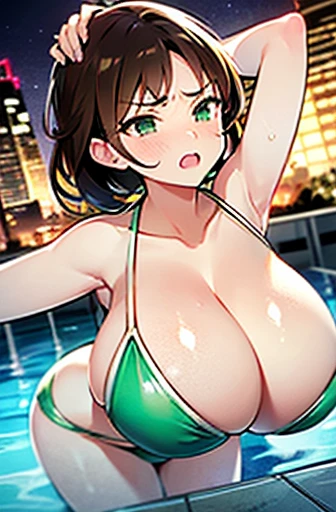 Big Tits、Huge breasts、Emerald Green Bikini、blush、middle of crowd、Brown Hair、Overflowing breasts、blush、Angry face、Next to my boyfriend、male、Spilling breasts、Overflowing breasts、Night Pool、Shameless、The swimsuit unravels、Slipping、Cover your chest with your h...