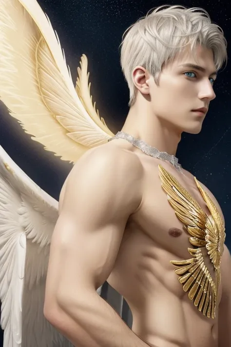 Full body shot (close-up:1.5),muscle,menstoga,in white and gold costume, male focus, solo, 1boy, (bare shoulders),looking at viewer, ice blue eyes,nude,(Seraphim:1.5), (multiple wings:1.5), in the sky, (floating:1.3), (midair:1.5), cloudan with wings), ang...