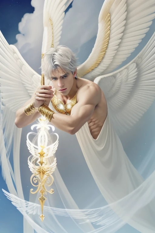 Full body shot (close-up:1.5),muscle,menstoga,in white and gold costume, male focus, solo, 1boy, (bare shoulders),looking at viewer, ice blue eyes,nude,(Seraphim:1.5), (multiple wings:1.5), in the sky, (floating:1.3), (midair:1.5), cloudan with wings), ang...