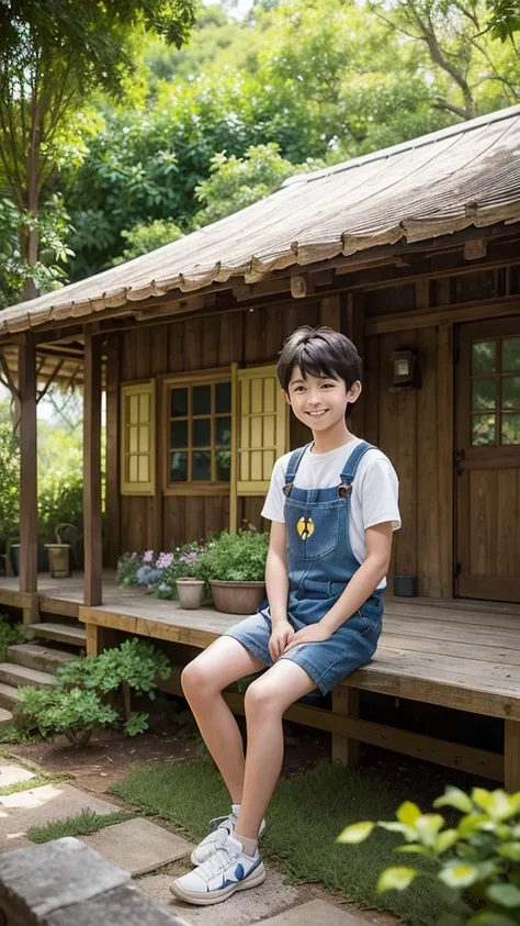 A Studio Ghibli style image featuring a young boy sitting in front of a rustic, wooden house with Pikachu. The scene is drawn with an anime touch, emphasizing detailed and distinctive shading. The background includes lush greenery, various potted plants, a...