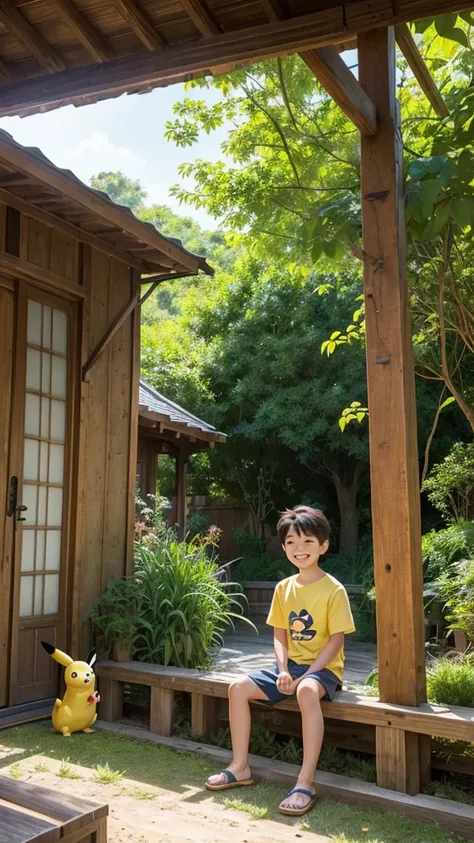 A Studio Ghibli style image featuring a young boy sitting in front of a rustic, wooden house with Pikachu. The scene is drawn with an anime touch, emphasizing detailed and distinctive shading. The background includes lush greenery, various potted plants, a...