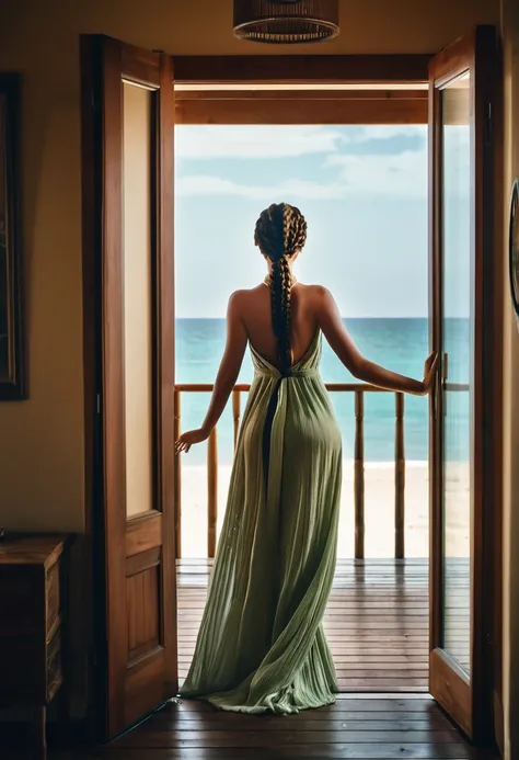 The photo is taken in a beach house. The girl is standing near the door (we can see the beach in the distance) , he has his back to the camera. The girl is wearing a long and attractive dress that reveals the curves of her body. The dress is made of a fabr...