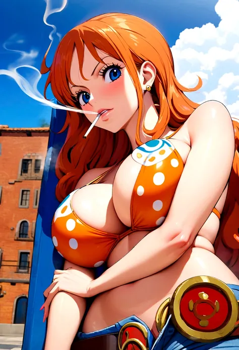 a cartoon picture of a woman in a bikini top and jeans, nami one piece, nami from one piece, nami, beautiful portrait of nami, from one piece, oppai, blue eyes, smoking, ponytail, nsfw