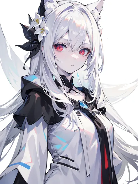 pale skin, white hair, black hoodie, flowers in head, double tails, , solo,{{best quality}}, {{masterpiece}}, {{ultra-detailed}}...