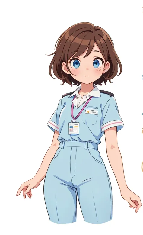 Visual novel, (character sprite), game sprite, blue eyes, brown hair, shy, ((adult)), large chest, ditsy, nurse uniform, while uniform, name tag, ID lanyard, short sleeves, trousers, cute