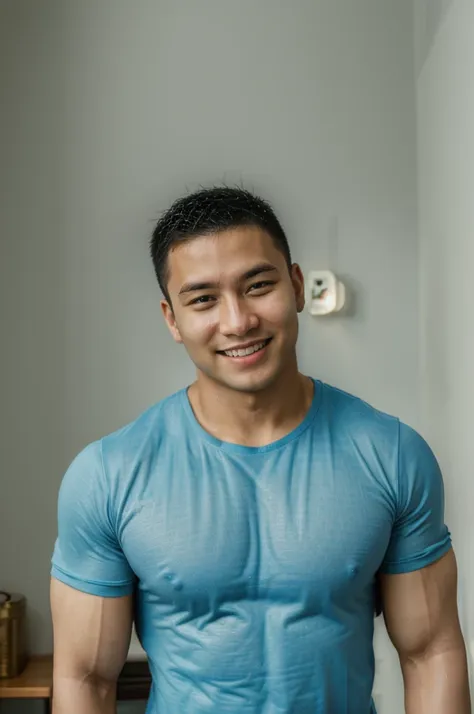 ((Highest quality, 8K, Masterpiece: 1.3))、Thailand Laos Burma Asia, Thai man, A handsome Asian rugby player with short hair, a muscular beard, and big muscles., １A man who has、 yo、Good appearance、Beautiful nose、smile、 Detailed eyes and face、beautiful light...