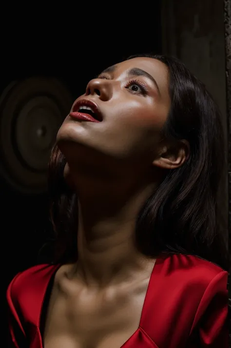 a beautiful woman in a red dress screaming looking up with a seductive position and an expression of pleasure, hyper realistic image dark environment