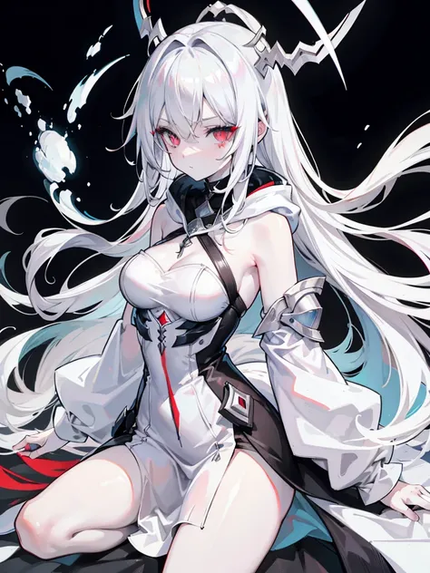 Pale skin, White hair, Black hoodie, tails, , Solo,{{Best quality}}, {{Masterpiece}}, {{Ultra-detailed}}, {illustration}, {Detailed light}, Red eyes,Long hair，A revealing, thin dress.